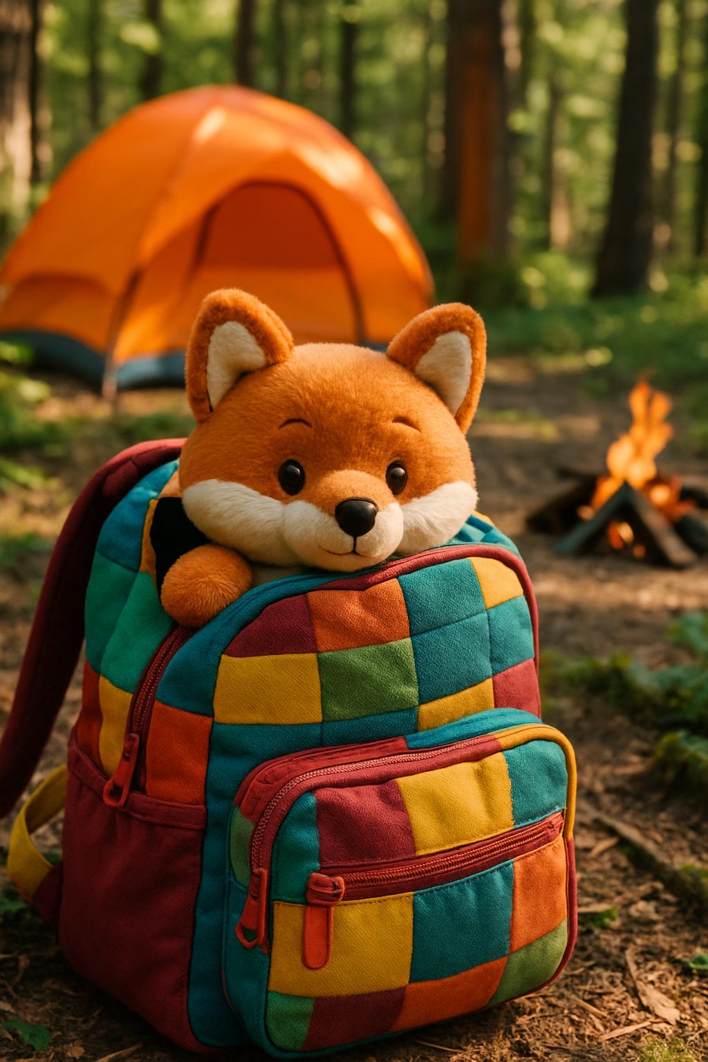 A toy Fox sitting on top of a backpack.