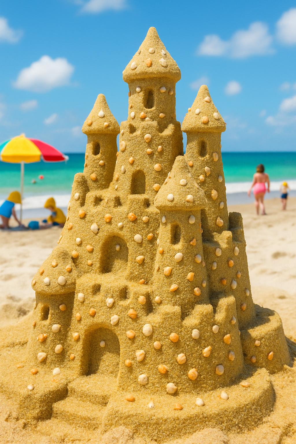Alt Text: A sandcastle at the beach decorated with seashells, with people playing and building sandcastles in the background.