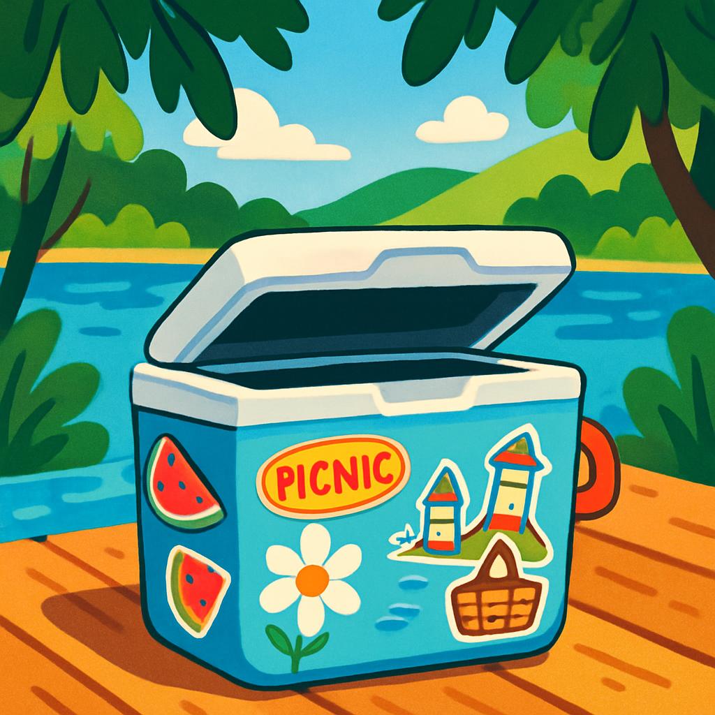 The scene depicts a picnic area by a lake, possibly images are missing: with a cooler, flowers, watermelon slices.