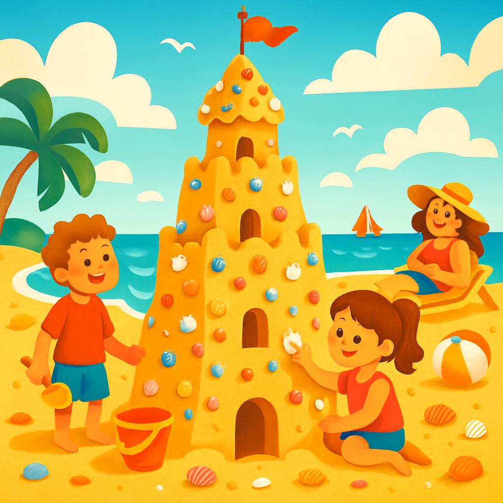 A colorful cartoon illustration of a boy, girl, and woman building a sandcastle on the beach.: A boy and girl stand to the...
