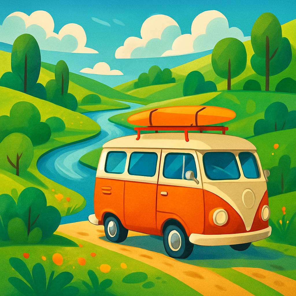 Illustration of an orange VW bus parked on a dirt road near a winding stream in a rural landscape.