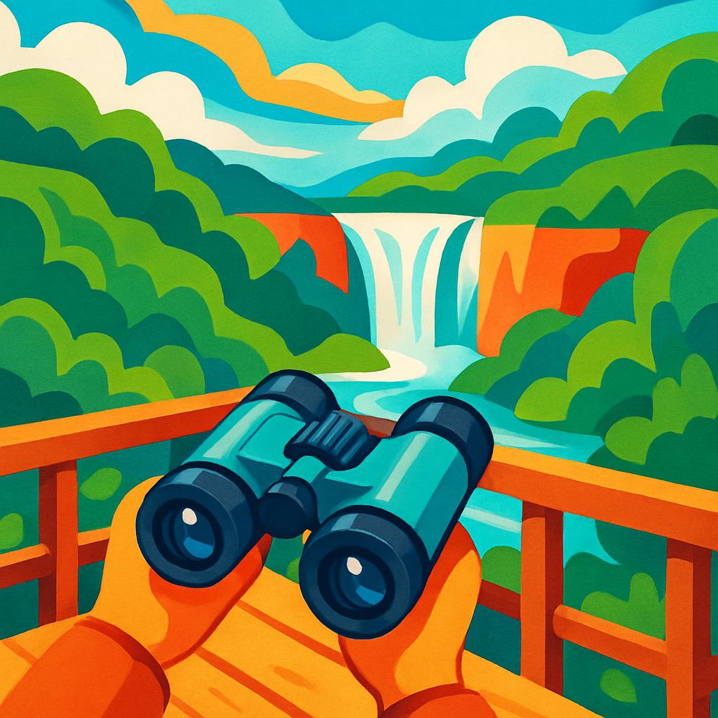 A pair of binoculars on a bridge overlooking a lush forest with a waterfall in the mountains.