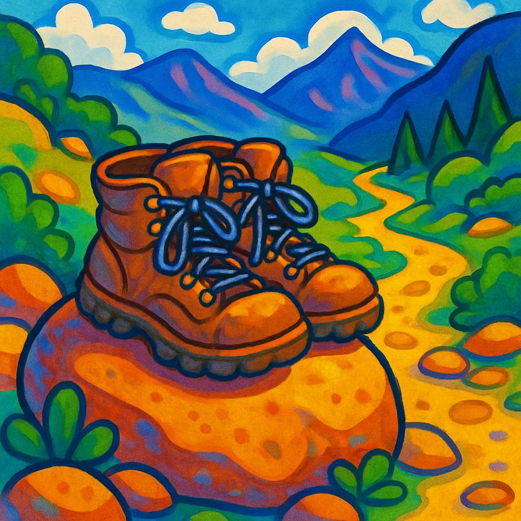 Pair of hiking boots on a hill with mountains in the background.