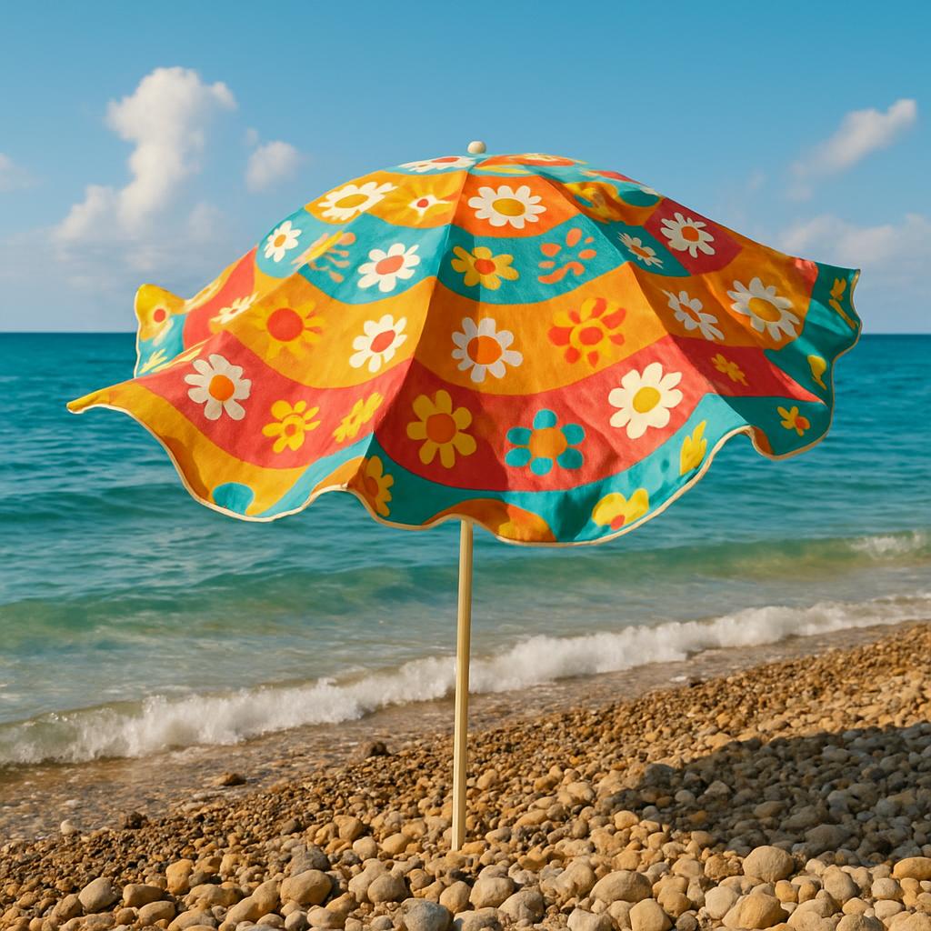 A brightly colored beach umbrella on a rocky beach, with waves gently lapping at the shore. The umbrella features a blue a...