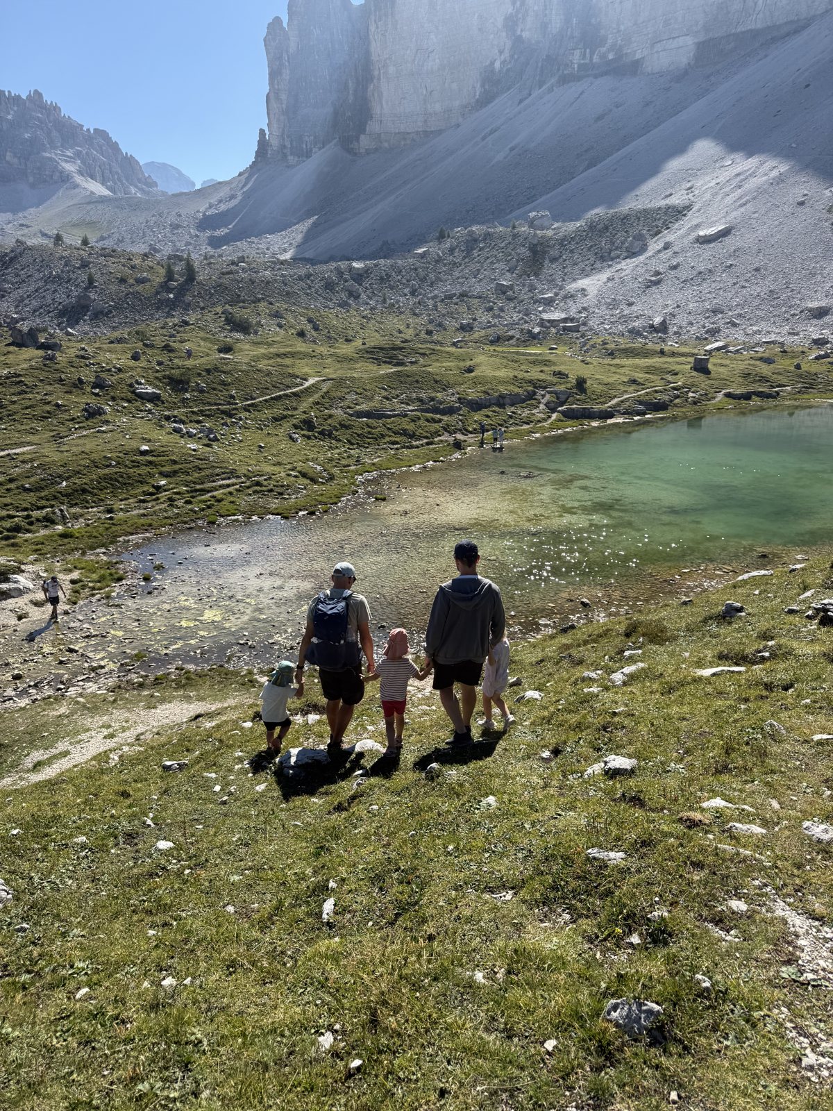 walking towards the green lakes below the Tre Cime